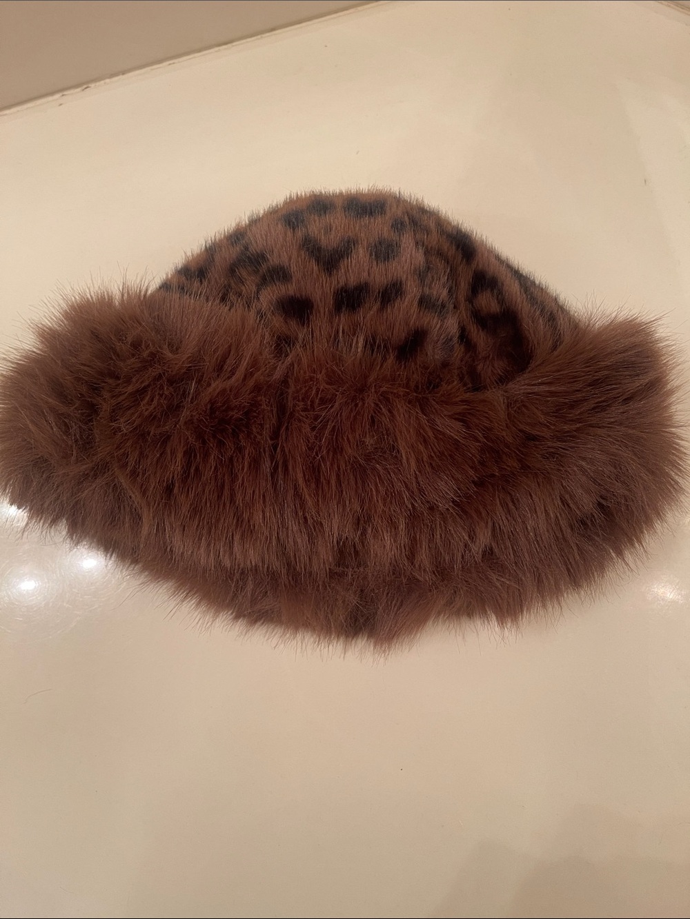 Source Unknown Brown Leopard Print Faux Fur Bucket Hat